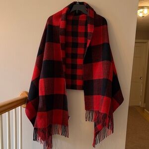 Madewell Red and Black Plaid Wool Reversible Fringe Wrap